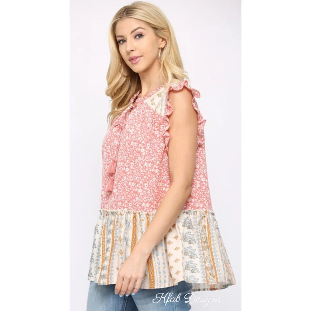 LAST 2! Flutter Sleeve Boho Woven Mixed Print Tassel Tie Top! - Picture 5 of 7